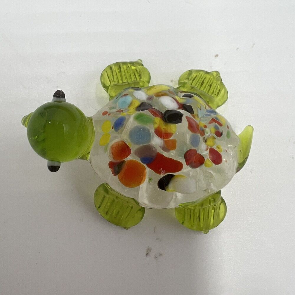 MINIATURE Art GLASS Green Turtle FIGURINE Multicolor Tiny Collectible Trinket